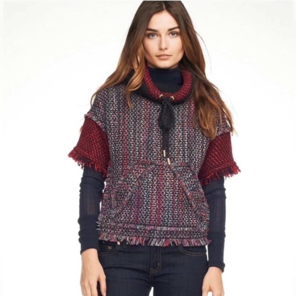 Tory Burch Wool Blend Fringe Turtleneck Poncho - S
